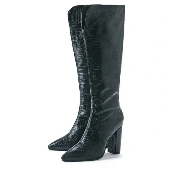 NIB Pauvaody Black Snakeskin Faux Leather Knee High Tall Pointed Heel Boots 7 - Picture 14 of 16